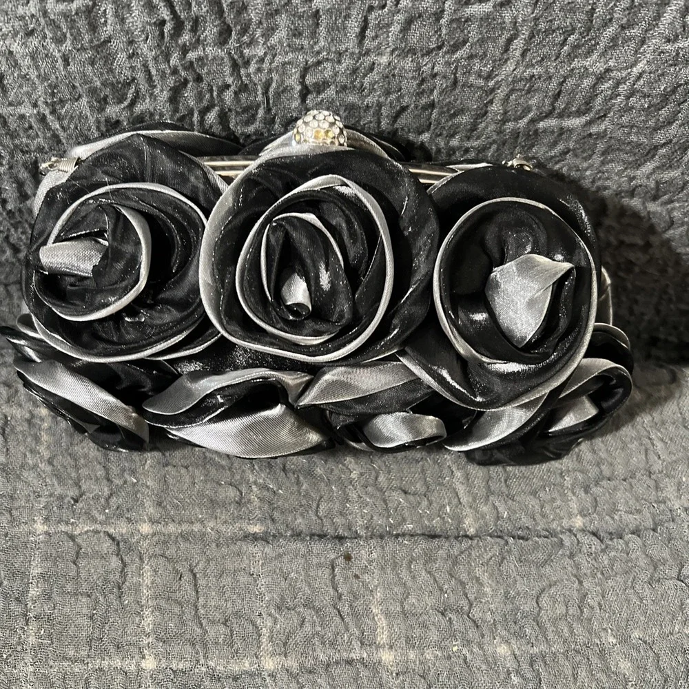 Women Satin Rose Rhinestone Black / Gray Color Handbag Silver tone chain - Picture 11 of 14